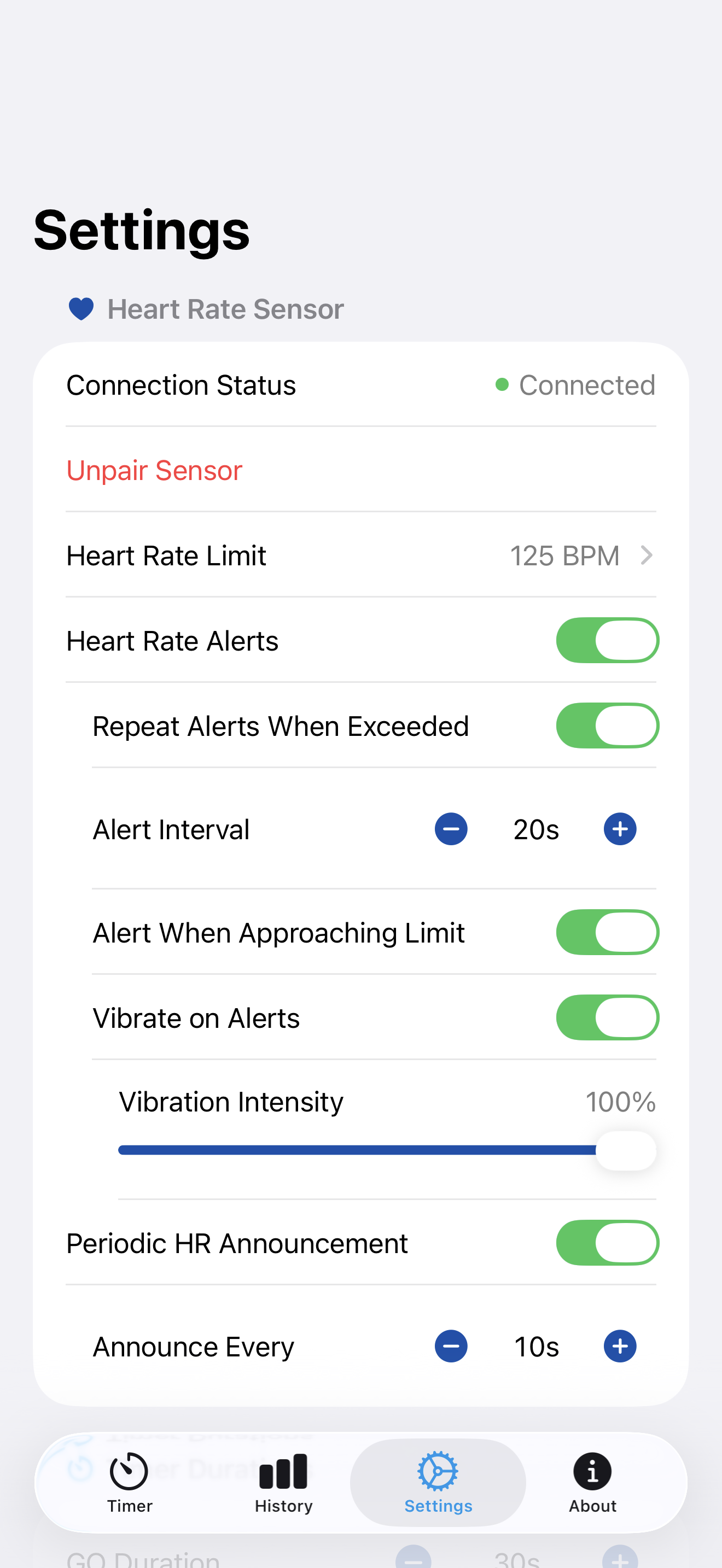 Settings screen showing heart rate configuration