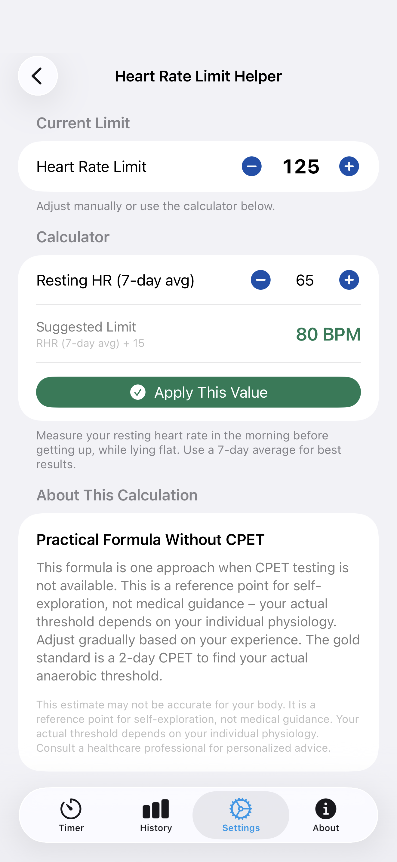 Heart rate limit calculator showing suggested limit based on resting heart rate