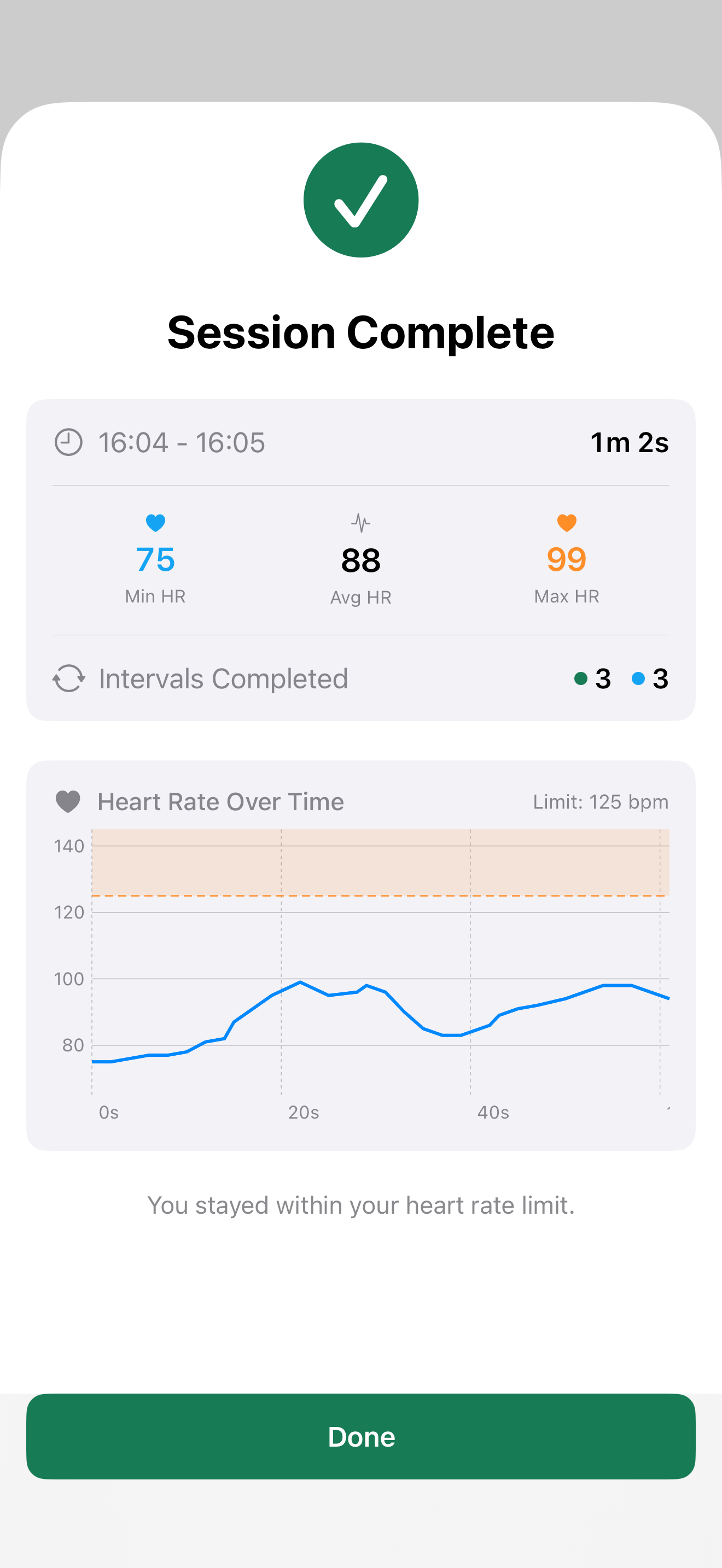 Session complete screen showing heart rate graph and statistics